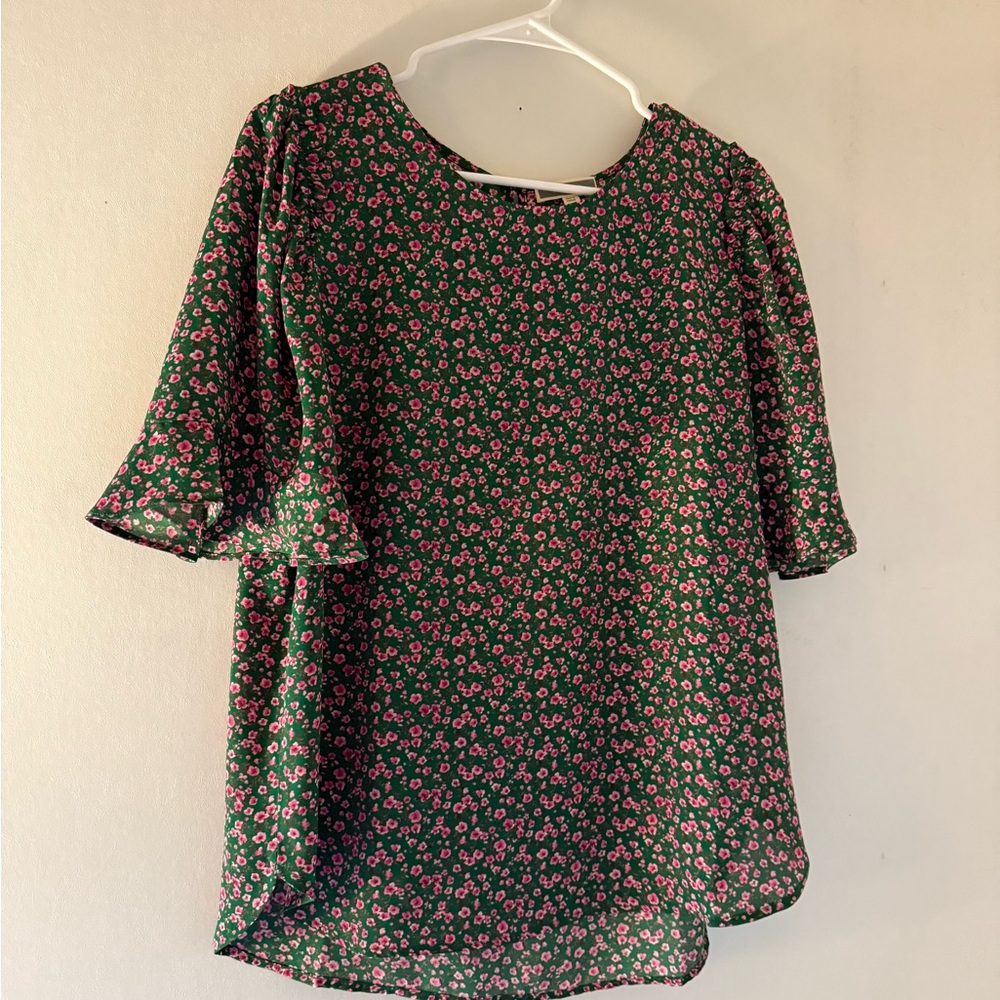 Pleione Green and Pink Floral Green Blouse - Picture 1 of 5